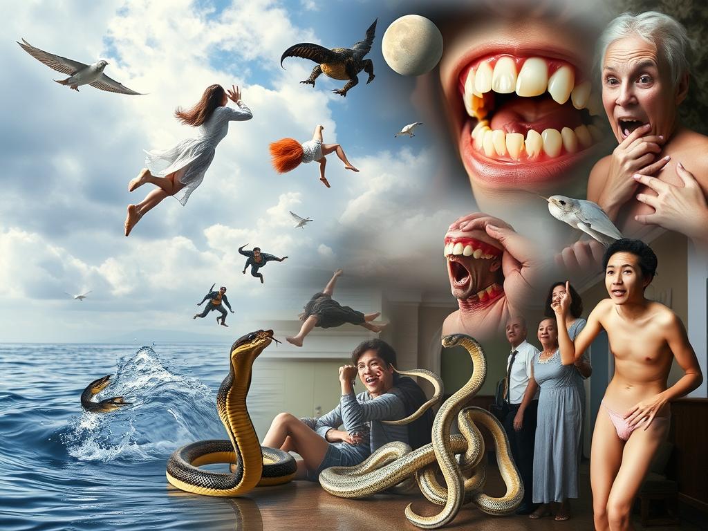 Collage verschiedener Traumsymbole wie Fliegen, Fallen und Zähne verlieren Collage verschiedener Traumsymbole wie Fliegen, Fallen und Zähne verlieren