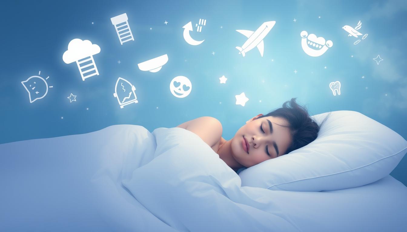 Eine Person, die friedlich schläft, während über ihrem Kopf traumhafte Symbole schweben - Traumdeutung