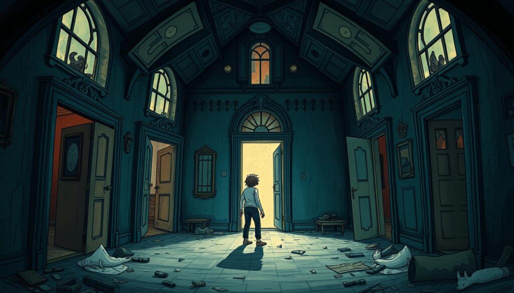 Illustration eines Traums von einem verlassenen Haus mit vielen Türen Illustration eines Traums von einem verlassenen Haus mit vielen Türen