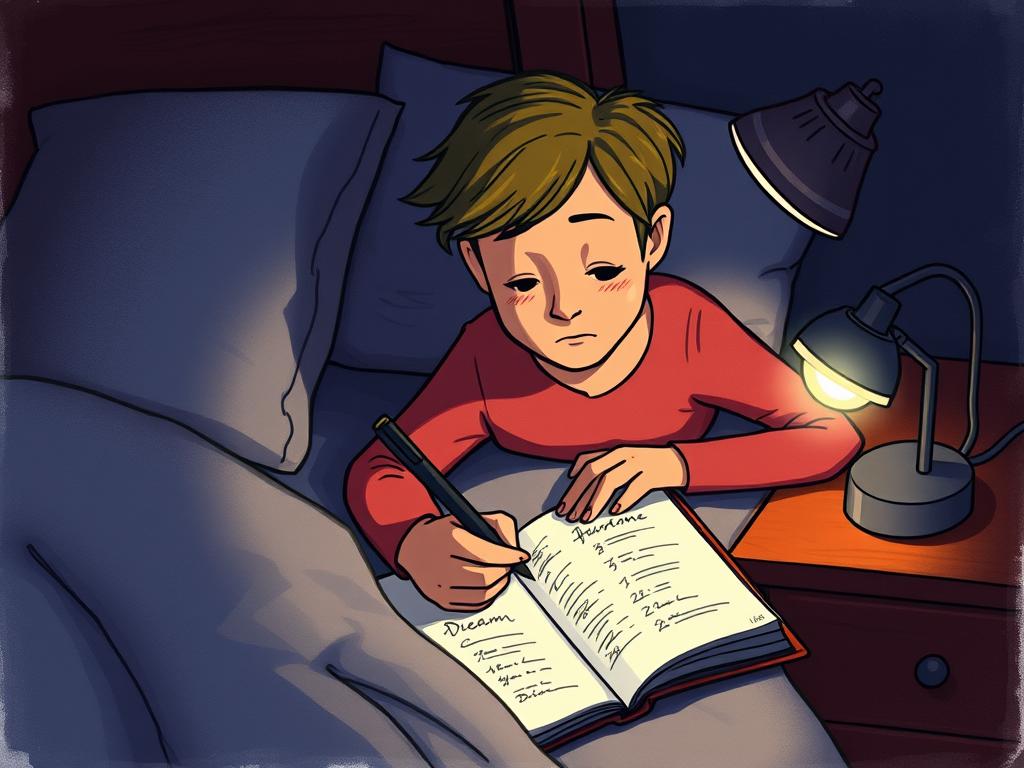 Person, die nachts aufwacht und Notizen in ein Traumtagebuch macht Person, die nachts aufwacht und Notizen in ein Traumtagebuch macht