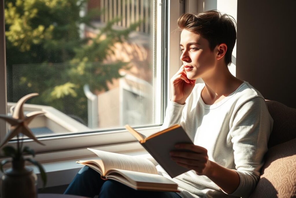 Person, die reflektierend am Fenster sitzt, mit einem Traumtagebuch in der Hand Person, die reflektierend am Fenster sitzt, mit einem Traumtagebuch in der Hand