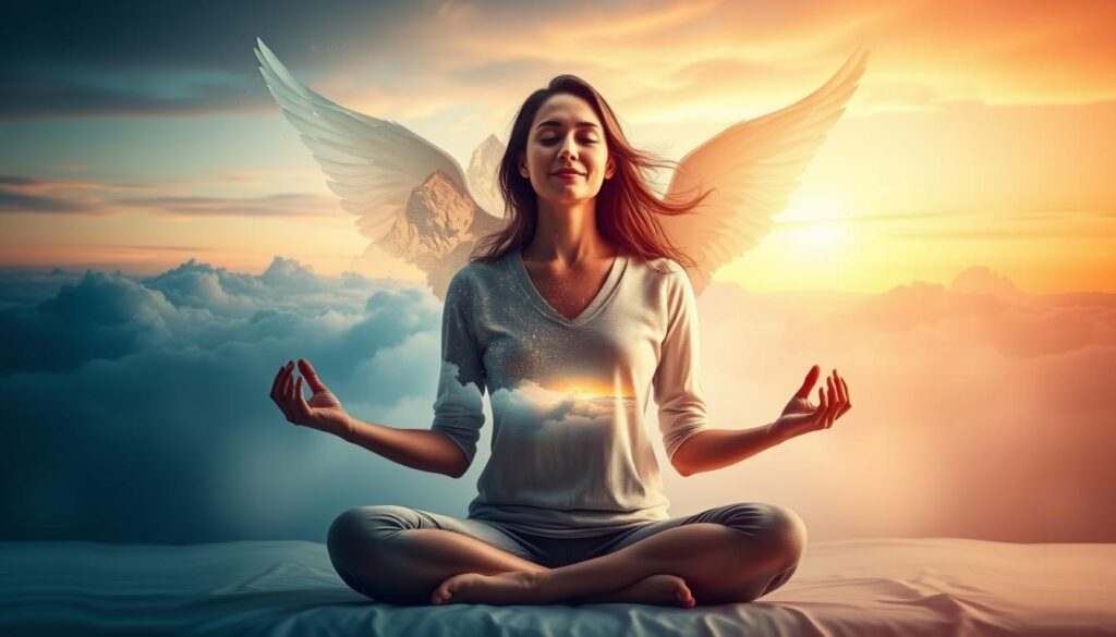 Person in meditativer Haltung, die luzides Träumen praktiziert Person in meditativer Haltung, die luzides Träumen praktiziert